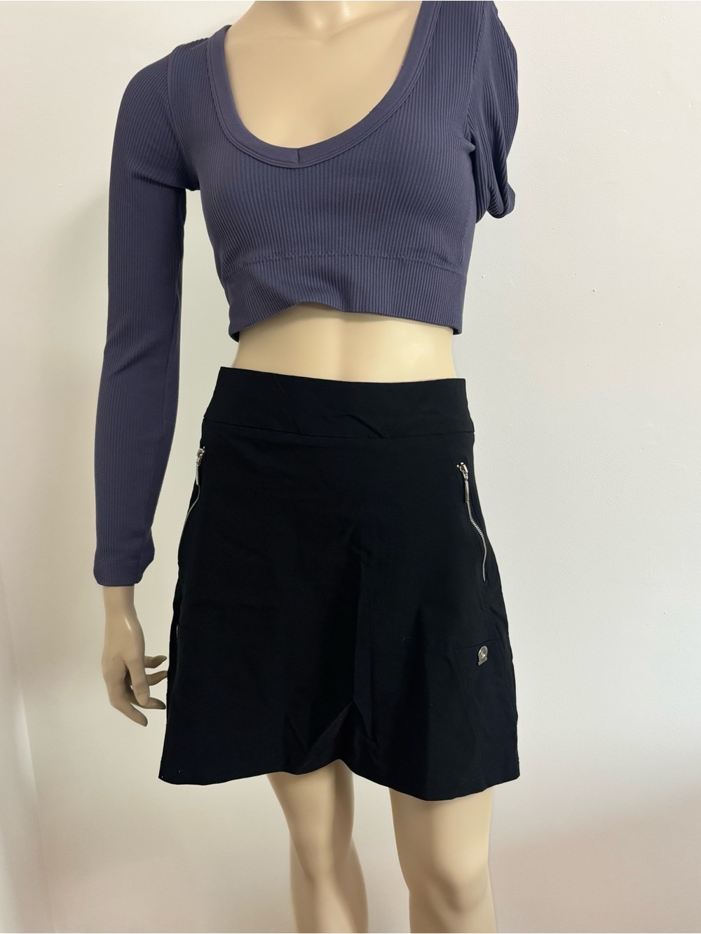 Simon Chang Black Mini Skort with Zip Pocket Accents